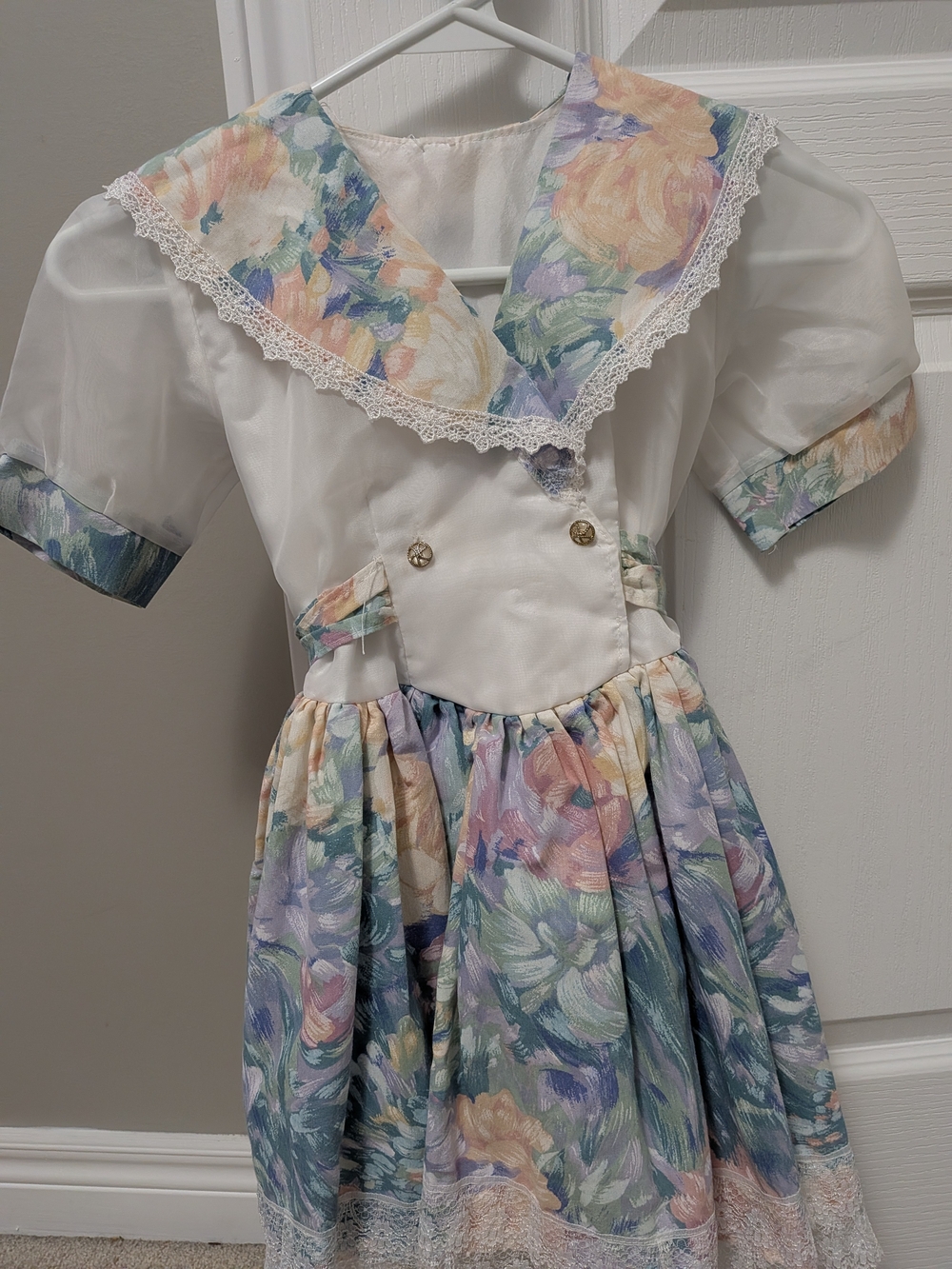 Vintage Pastel Floral Girls Dress With Lace Trim